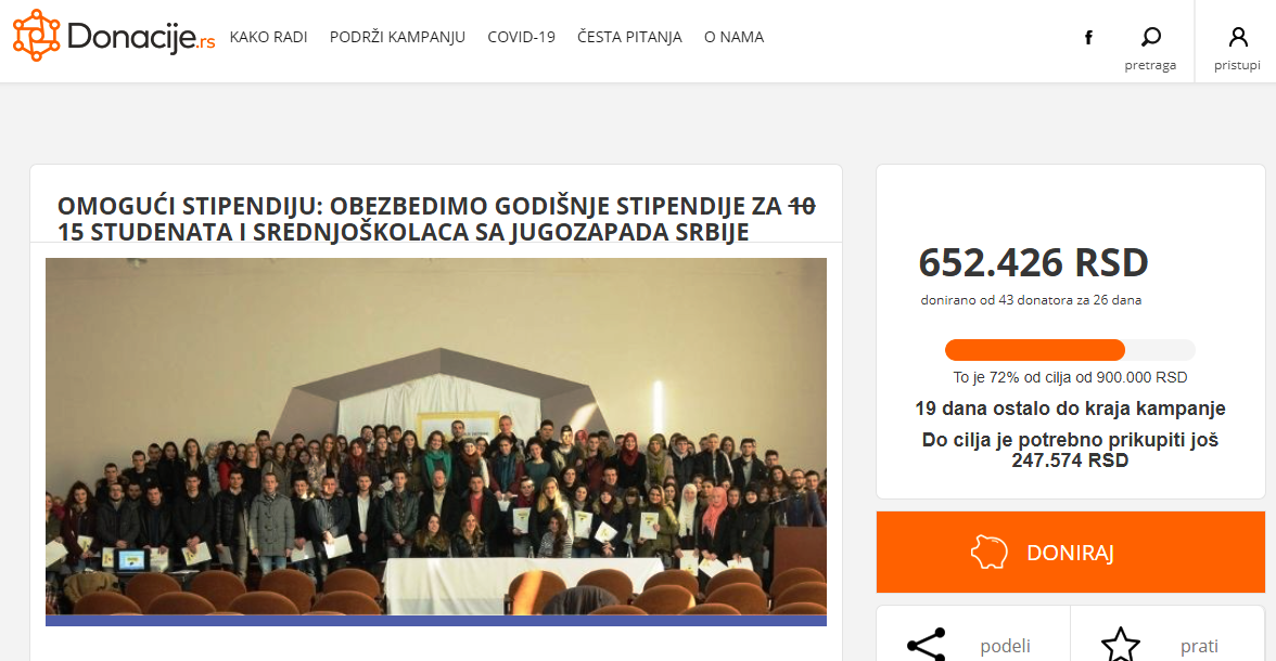 Покренута кампања за обезбеђивање 15 стипендија на сајту Донације.рс